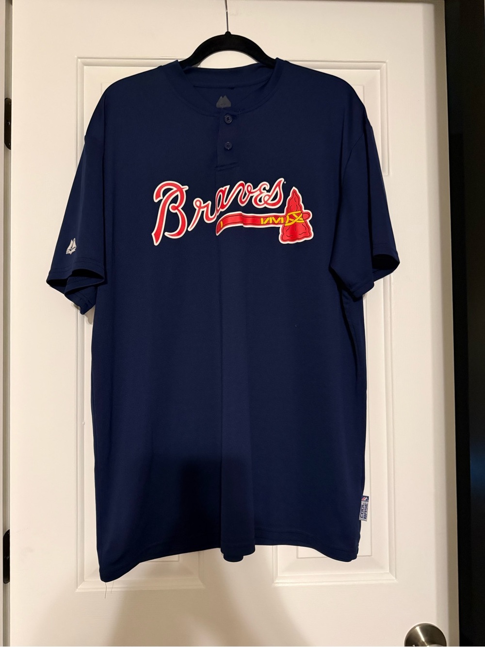 Atlanta Braves Majestic Cool Base 2-Button Henley Baseball Jersey Navy Blue XL